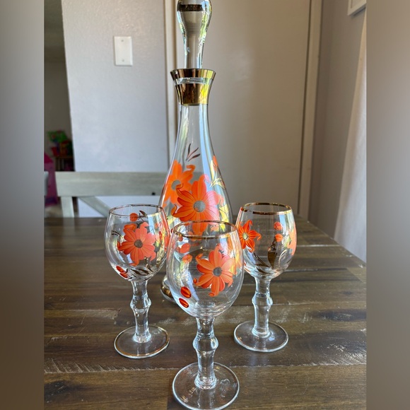 Vintage Other - MCM Decanter Set Orange & Gold Gilded Striped Cordial Glass Hand Painted Floral